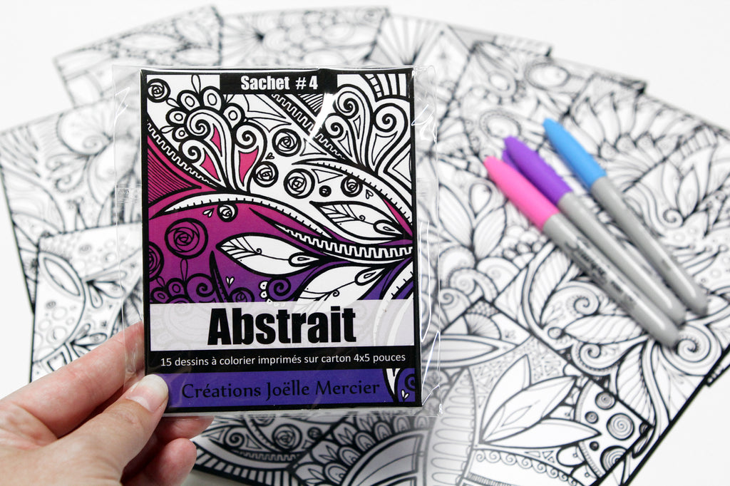 Sachet #4 Abstrait, inclus 15 dessins à colorier, imprimés sur carton, format 4x5 pouces