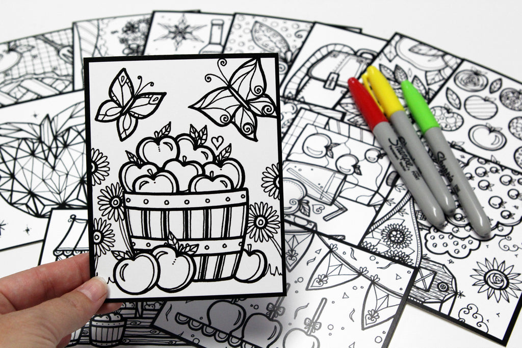 Sachet #5 Pommes, inclus 15 dessins à colorier, imprimés sur carton, format 4x5 pouces