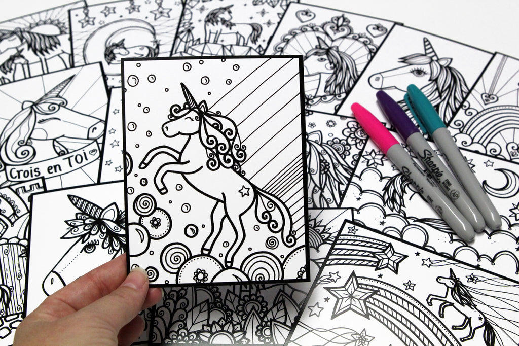 Sachet #7 Licorne, inclus 15 dessins à colorier, imprimés sur carton, format 4x5 pouces