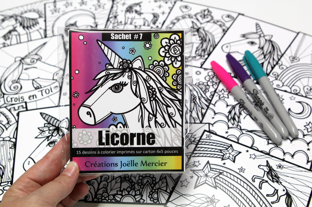 Sachet #7 Licorne, inclus 15 dessins à colorier, imprimés sur carton, format 4x5 pouces