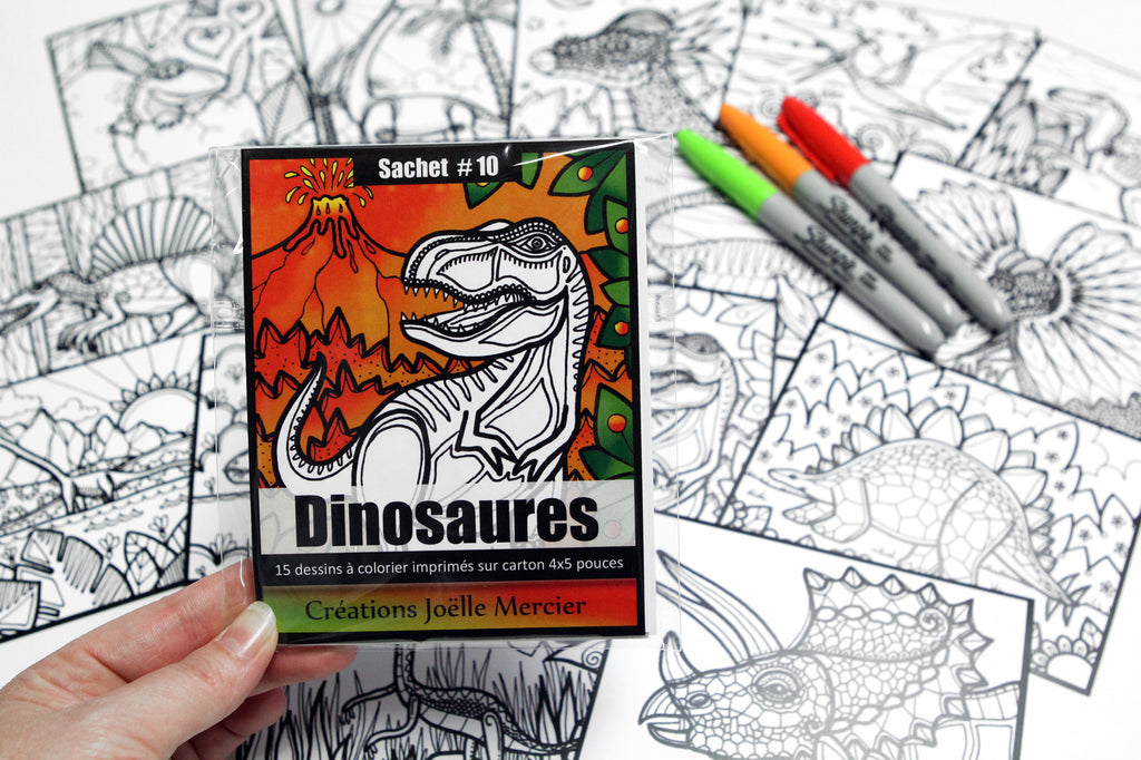 Sachet #10 Dinosaures, inclus 15 dessins à colorier, imprimés sur carton, format 4x5 pouces