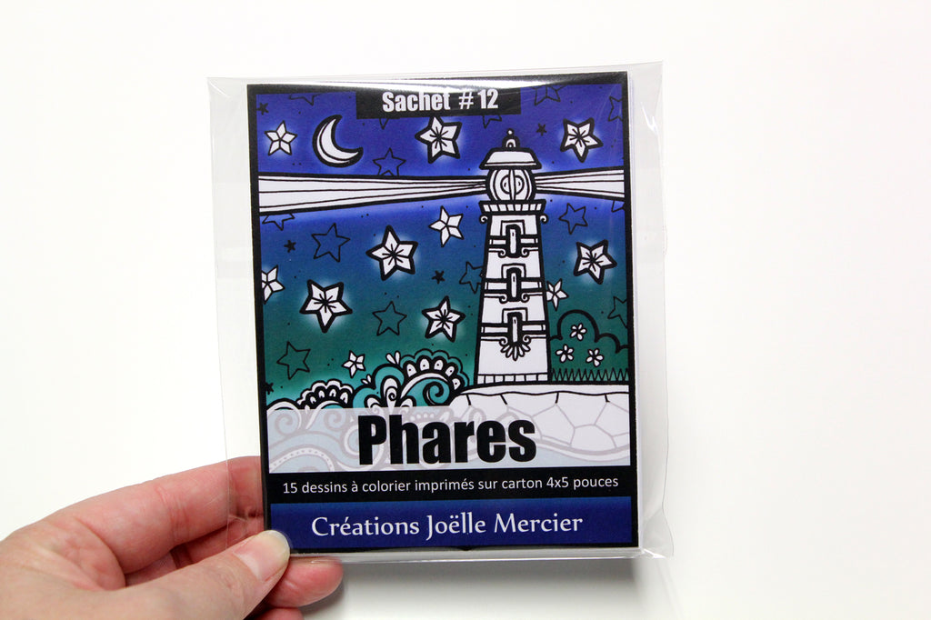 Sachet #12 Phares, inclus 15 dessins à colorier, imprimés sur carton, format 4x5 pouces