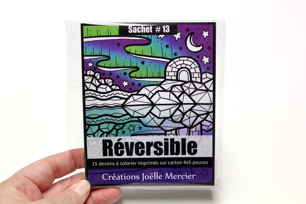 Sachet #13 Réversible, inclus 15 dessins à colorier, imprimés sur carton, format 4x5 pouces