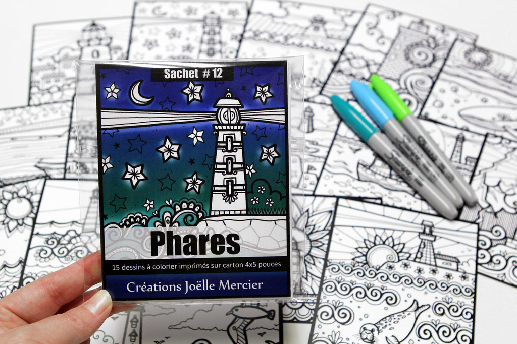 Sachet #12 Phares, inclus 15 dessins à colorier, imprimés sur carton, format 4x5 pouces