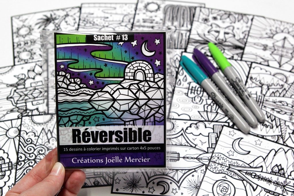 Sachet #13 Réversible, inclus 15 dessins à colorier, imprimés sur carton, format 4x5 pouces