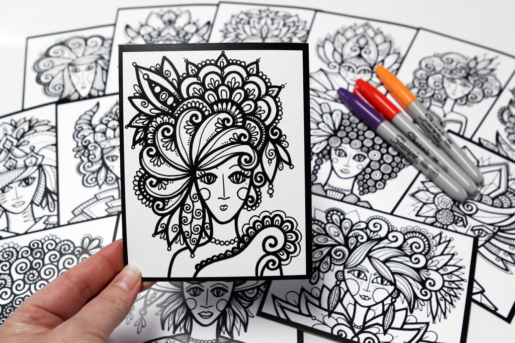 Sachet #14 Femmes, inclus 15 dessins à colorier, imprimés sur carton, format 4x5 pouces