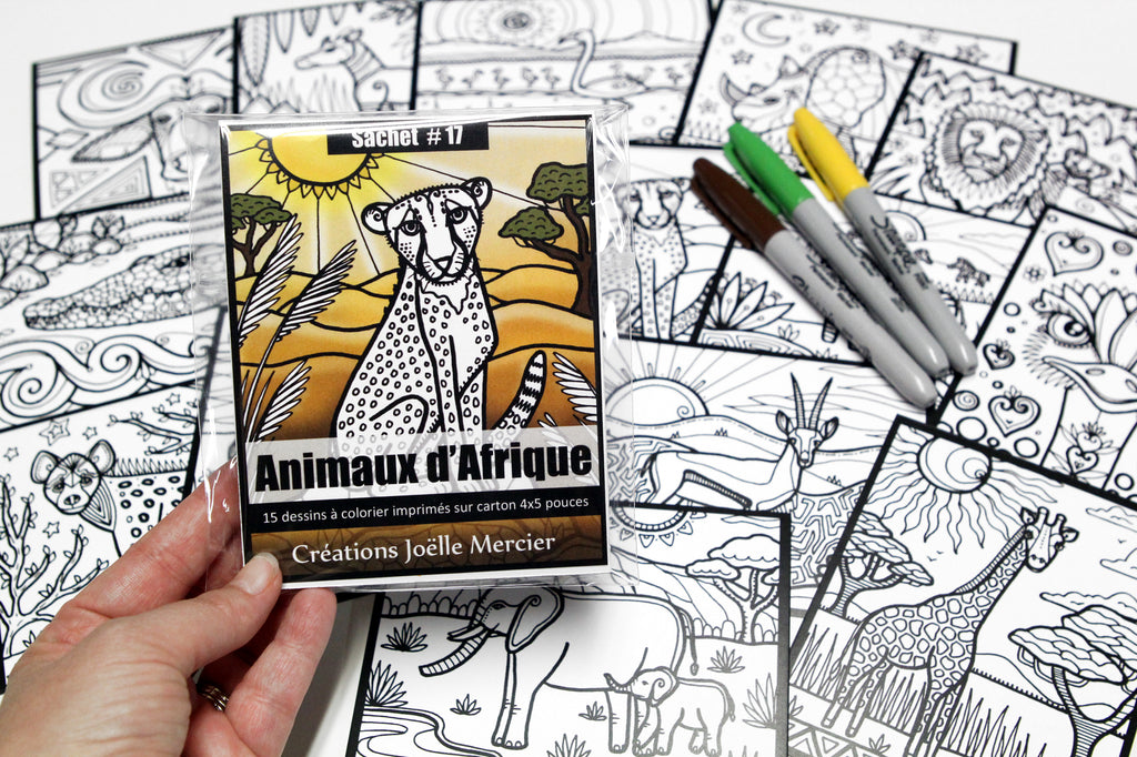 Sachet #17 Animaux d'Afrique, inclus 15 dessins à colorier, imprimés sur carton, format 4x5 pouces