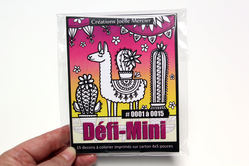 Sachet DÉFI-MINI, LOT #1, 15 dessins imprimés sur carton, format 4x5 pouces, Minis #0001 à 0015