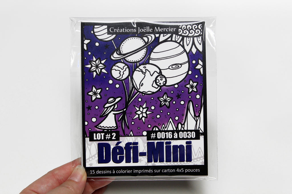 Sachet DÉFI-MINI, LOT #2, 15 dessins imprimés sur carton, format 4x5 pouces, Minis #0016 à 0030