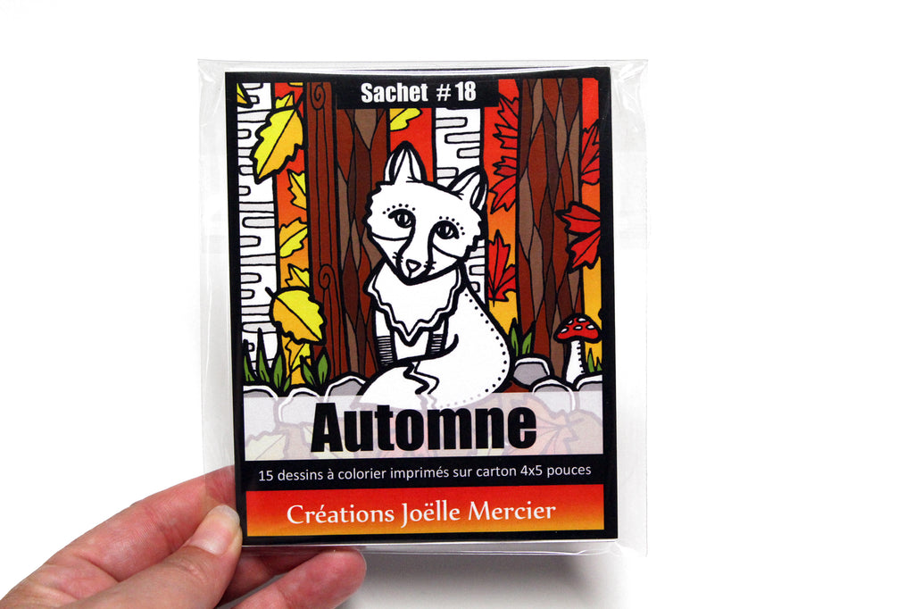 Sachet #18 Automne, inclus 15 dessins à colorier, imprimés sur carton, format 4x5 pouces