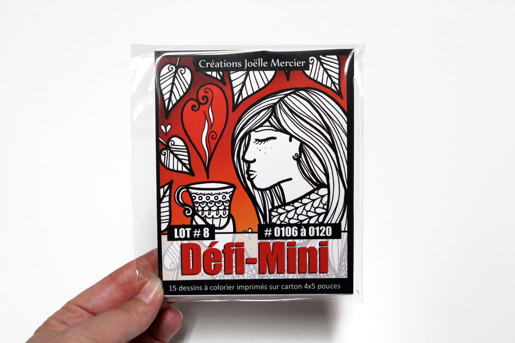 Sachet DÉFI-MINI, LOT #8, 15 dessins imprimés sur carton, format 4x5 pouces, Minis #0106 à 0120