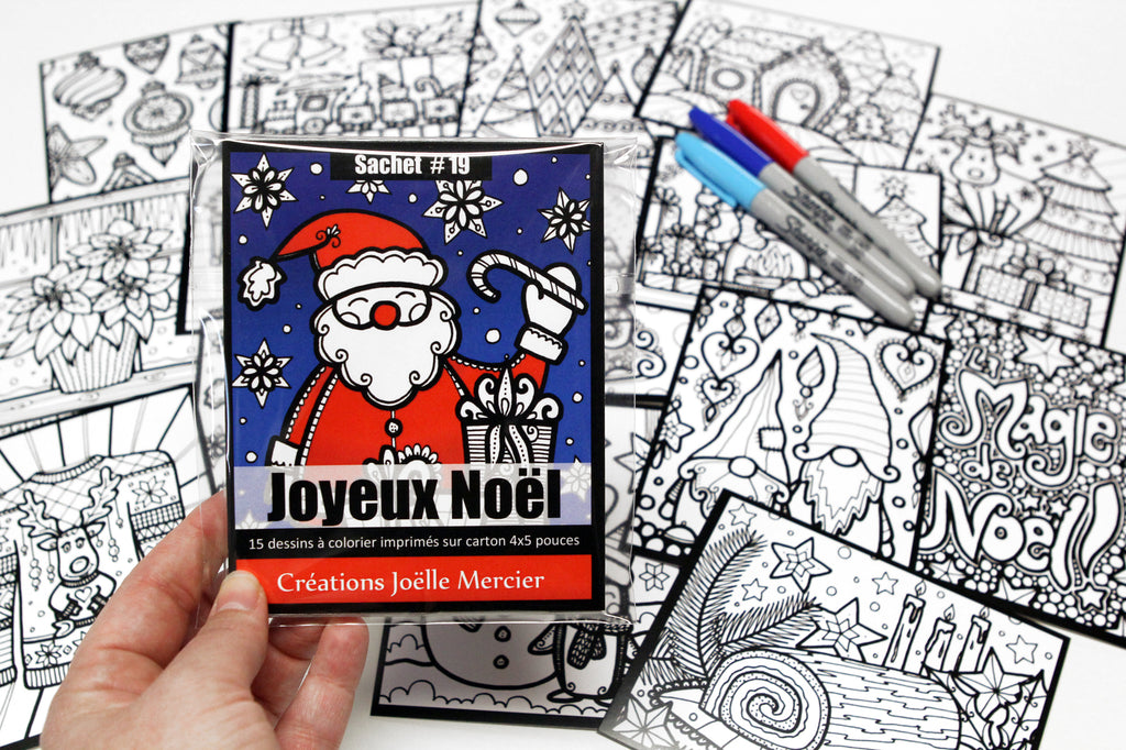 Sachet #19 Joyeux Noël, inclus 15 dessins à colorier, imprimés sur carton, format 4x5 pouces