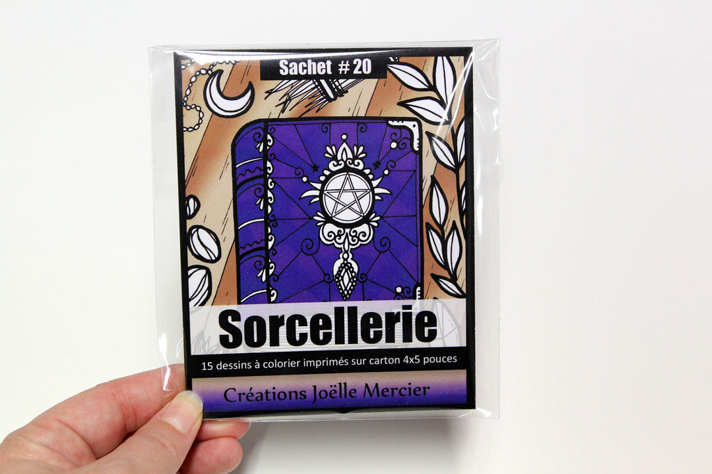 Sachet #20 Sorcellerie, inclus 15 dessins à colorier, imprimés sur carton, format 4x5 pouces