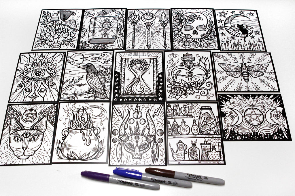 Sachet #20 Sorcellerie, inclus 15 dessins à colorier, imprimés sur carton, format 4x5 pouces