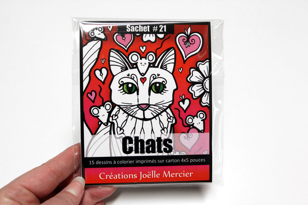 Sachet #21 Chats, inclus 15 dessins à colorier, imprimés sur carton, format 4x5 pouces