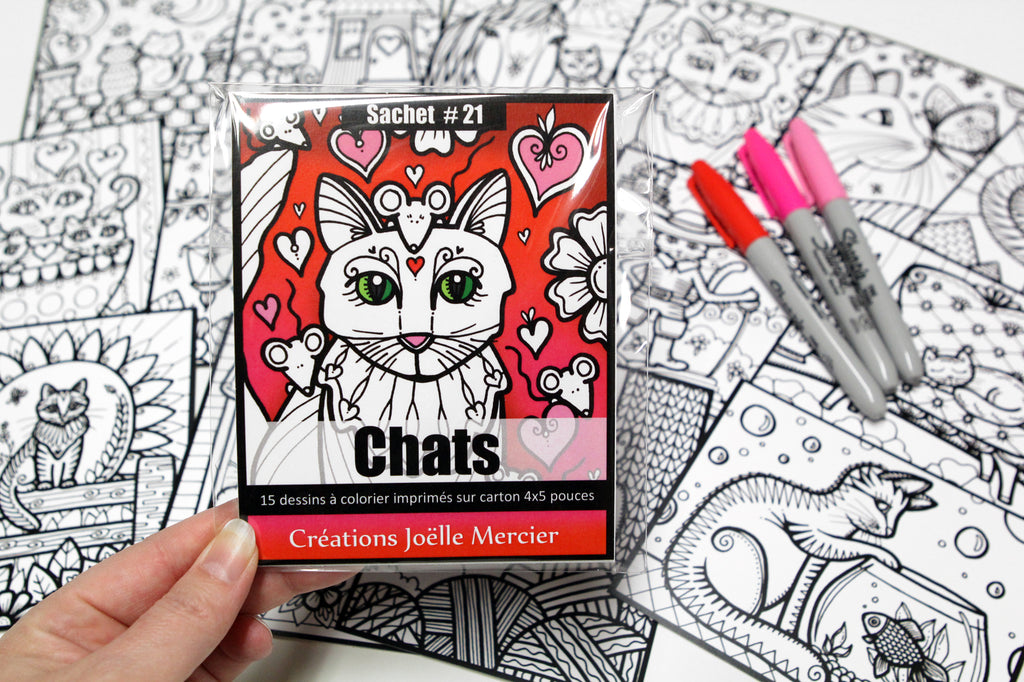 Sachet #21 Chats, inclus 15 dessins à colorier, imprimés sur carton, format 4x5 pouces
