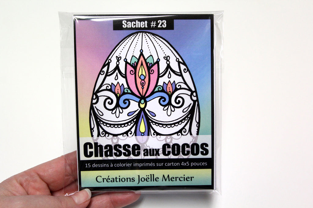 Sachet #23 Chasse aux cocos, inclus 15 dessins à colorier, imprimés sur carton, format 4x5 pouces, oeufs de Pâques