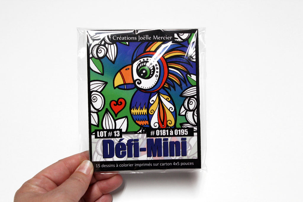Sachet DÉFI-MINI, LOT #13, 15 dessins imprimés sur carton, format 4x5 pouces, Minis #0181 à 0195