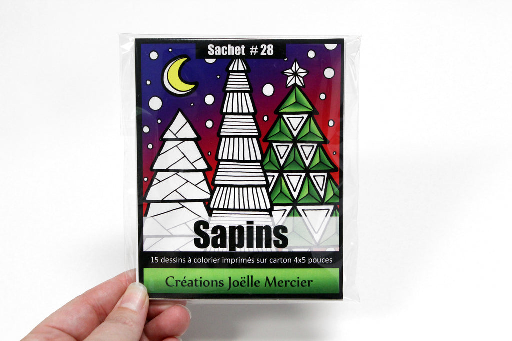 Sachet #28 Sapins, inclus 15 dessins à colorier, imprimés sur carton, format 4x5 pouces, Noël