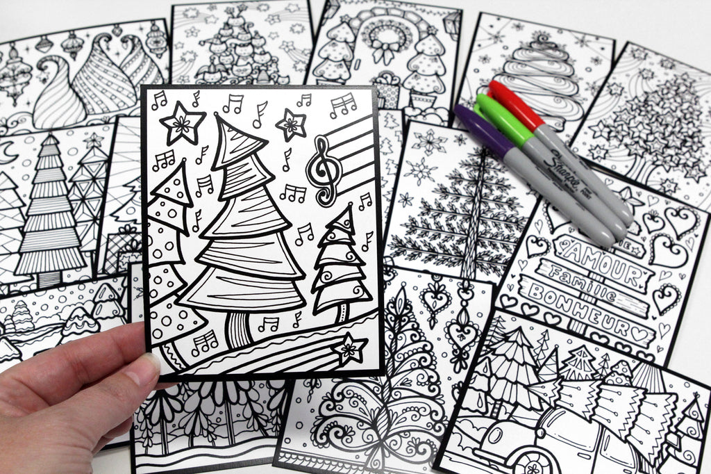 Sachet #28 Sapins, inclus 15 dessins à colorier, imprimés sur carton, format 4x5 pouces, Noël