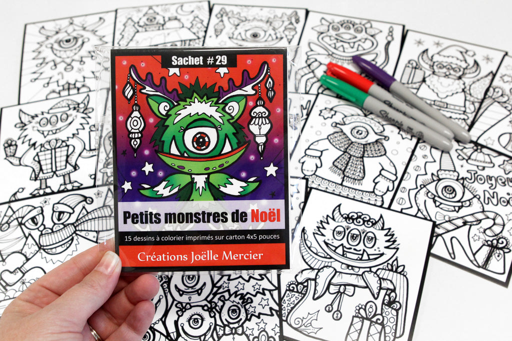 Sachet #29 Petits monstres de Noël, inclus 15 dessins à colorier, imprimés sur carton, format 4x5 pouces