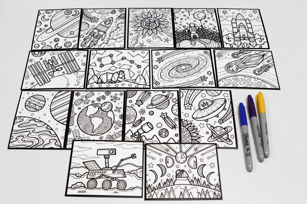 Sachet #30 Espace, inclus 15 dessins à colorier, imprimés sur carton, format 4x5 pouces