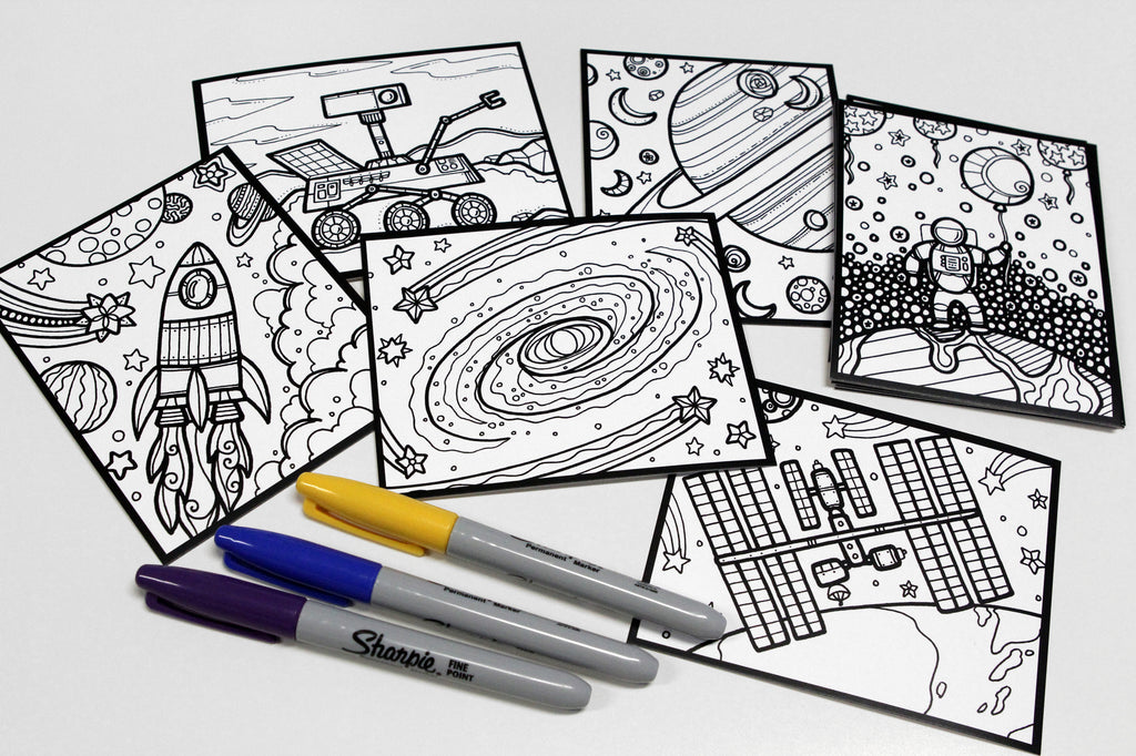 Sachet #30 Espace, inclus 15 dessins à colorier, imprimés sur carton, format 4x5 pouces