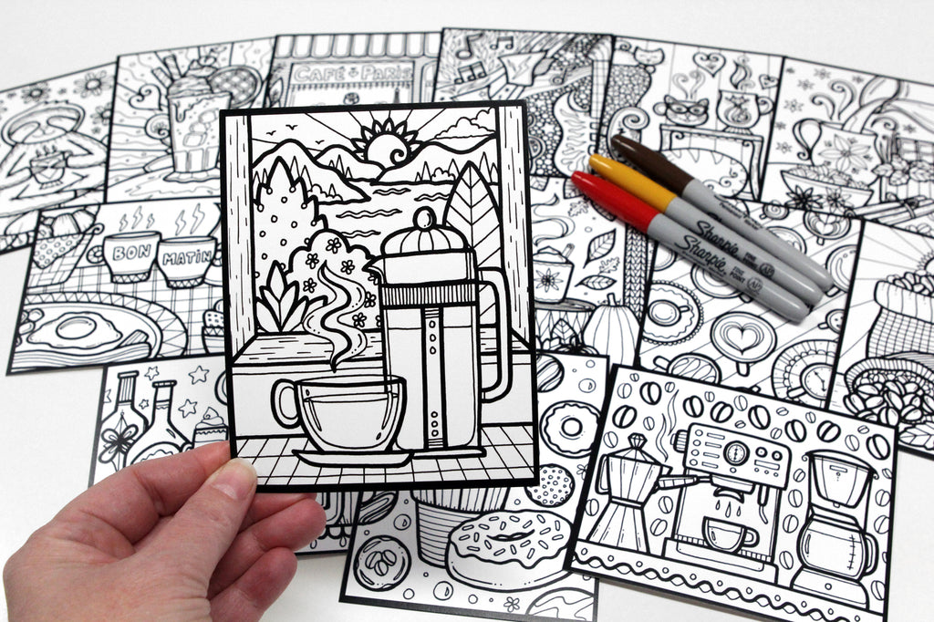 Sachet #31 Pause-café, inclus 15 dessins à colorier, imprimés sur carton, format 4x5 pouces