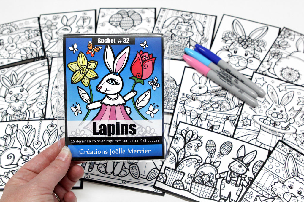 Sachet #32 Lapins, inclus 15 dessins à colorier, imprimés sur carton, format 4x5 pouces