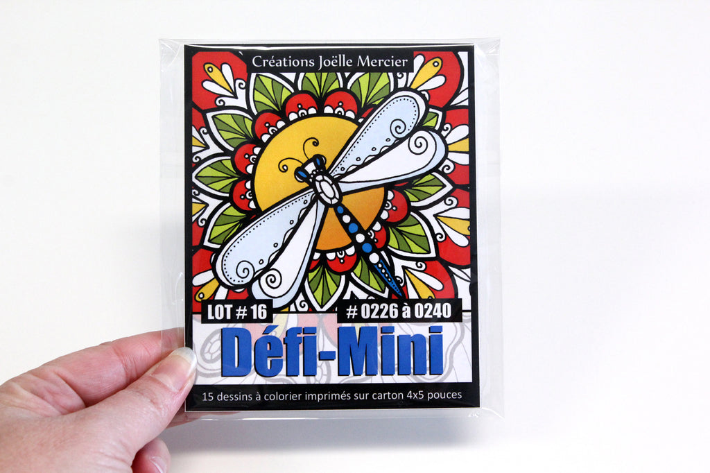Sachet DÉFI-MINI, LOT #16, 15 dessins imprimés sur carton, format 4x5 pouces, Minis #0226 à 0240