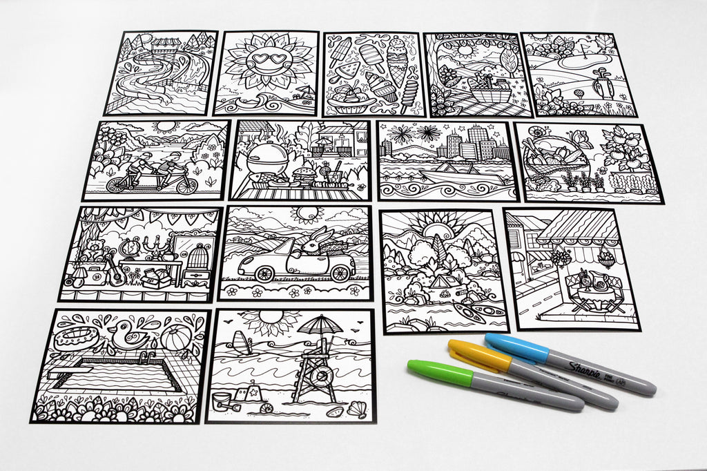 Sachet #34 Plaisirs d'été, inclus 15 dessins à colorier, imprimés sur carton, format 4x5 pouces