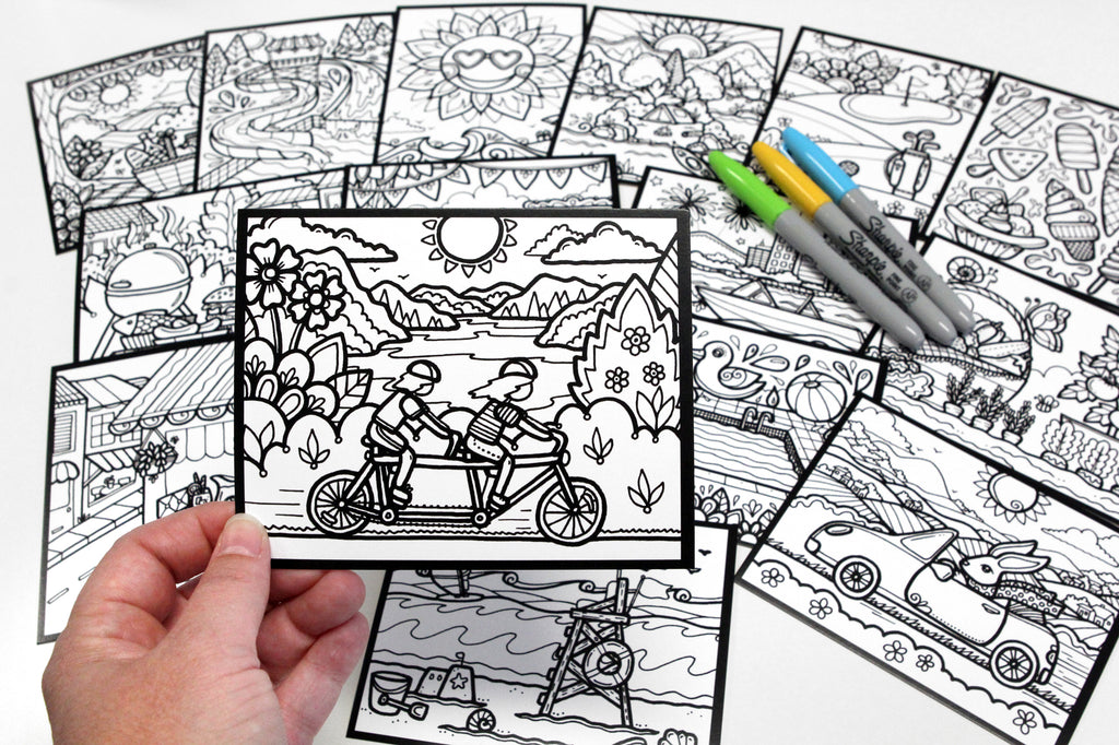 Sachet #34 Plaisirs d'été, inclus 15 dessins à colorier, imprimés sur carton, format 4x5 pouces