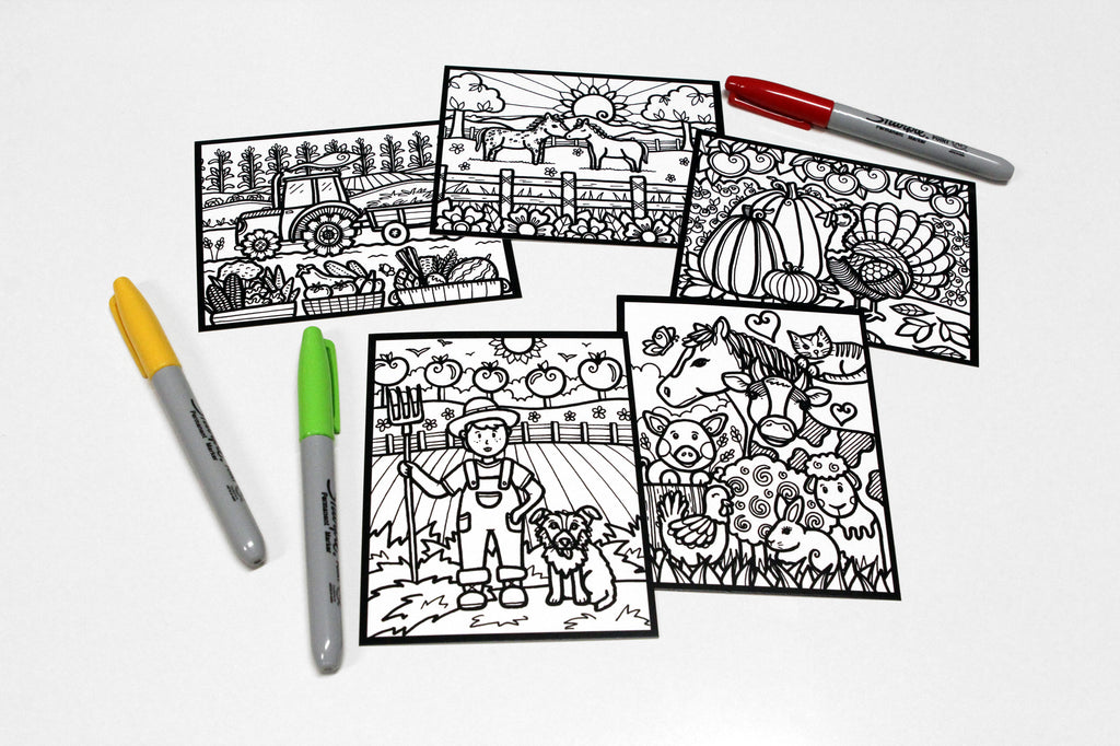 Sachet #39 À la ferme, inclus 15 dessins à colorier, imprimés sur carton, format 4x5 pouces