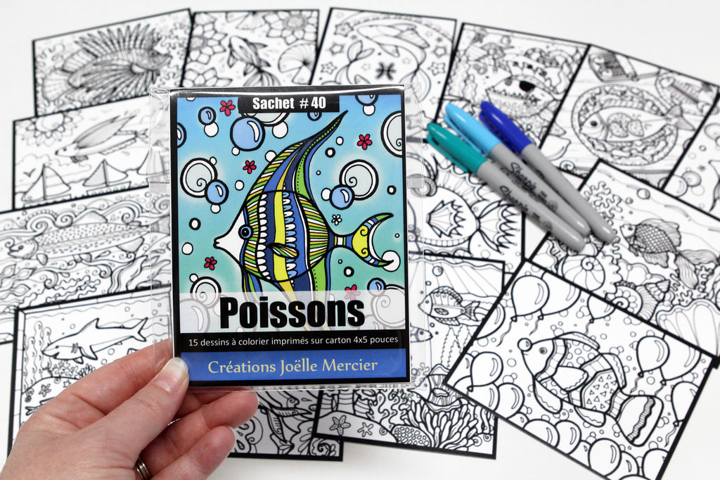 Sachet #40 Poissons, inclus 15 dessins à colorier, imprimés sur carton, format 4x5 pouces