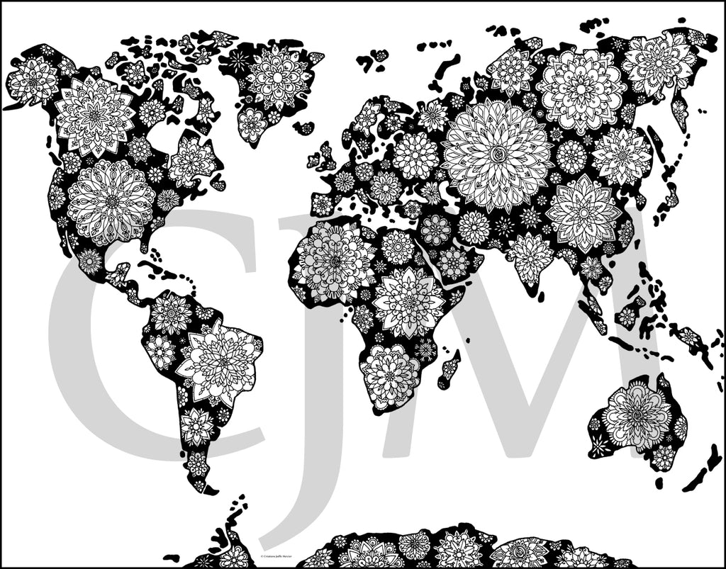 Affiche à colorier - Carte du monde version océans blancs - 24x30 mandalas, fleurs
