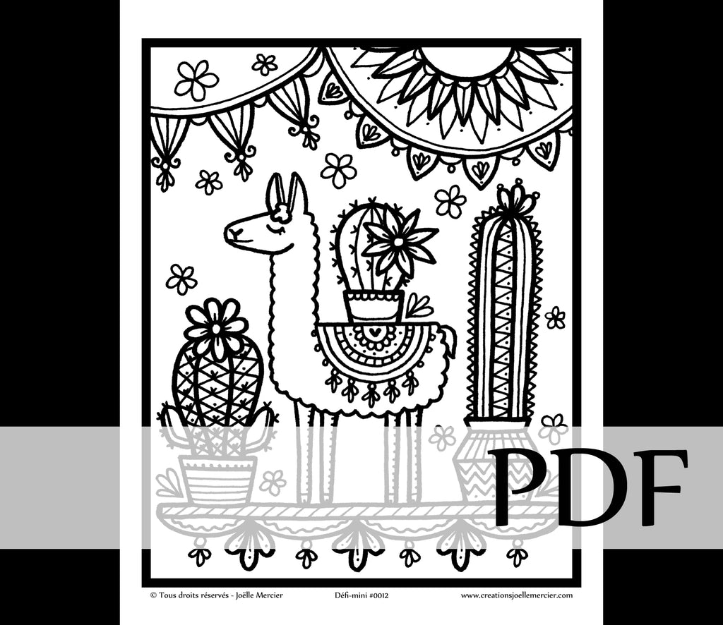 Téléchargement instantané - PDF à imprimer et colorier - Défi-mini #0012 LAMA CACTUS