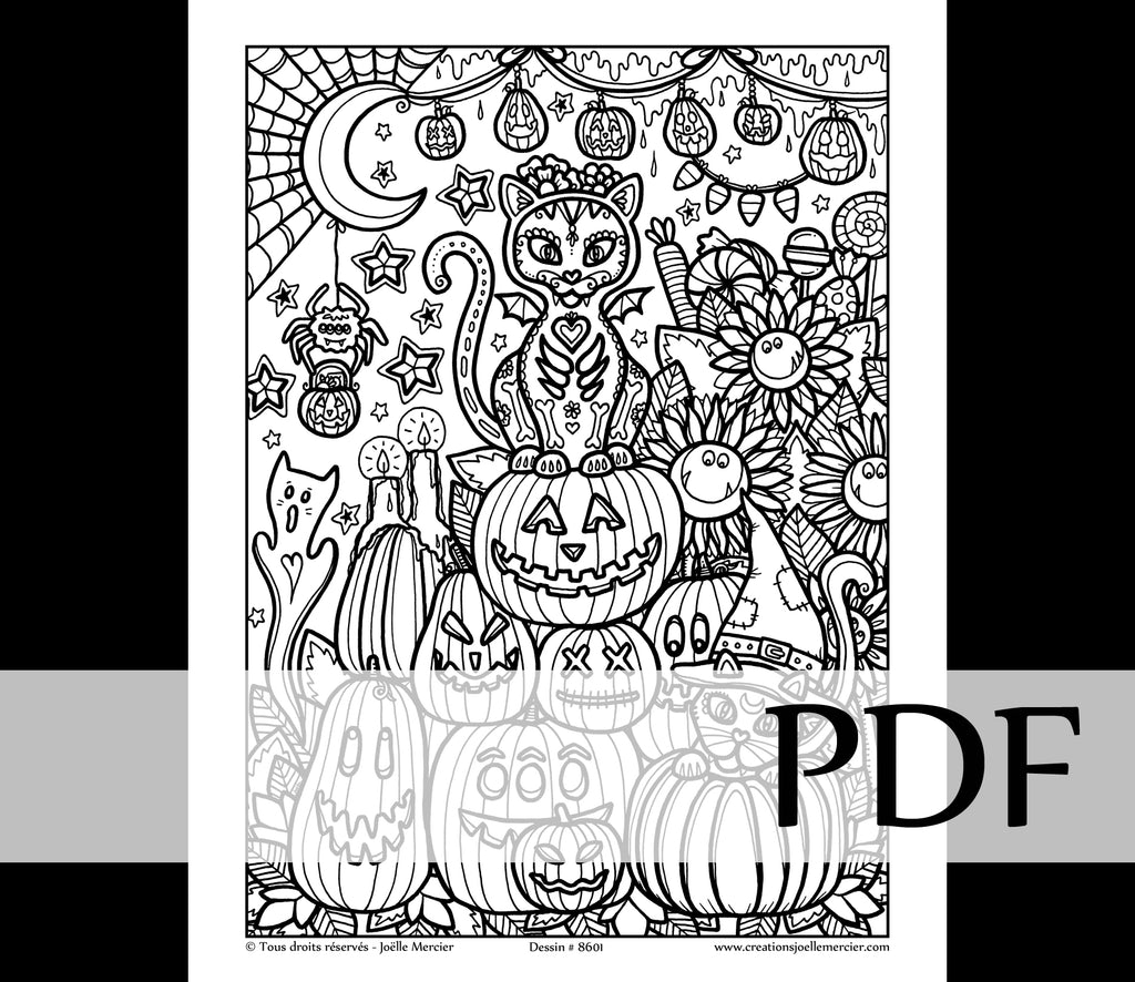 Téléchargement instantané - PDF à imprimer et colorier - Chats et citrouilles #8601, Halloween