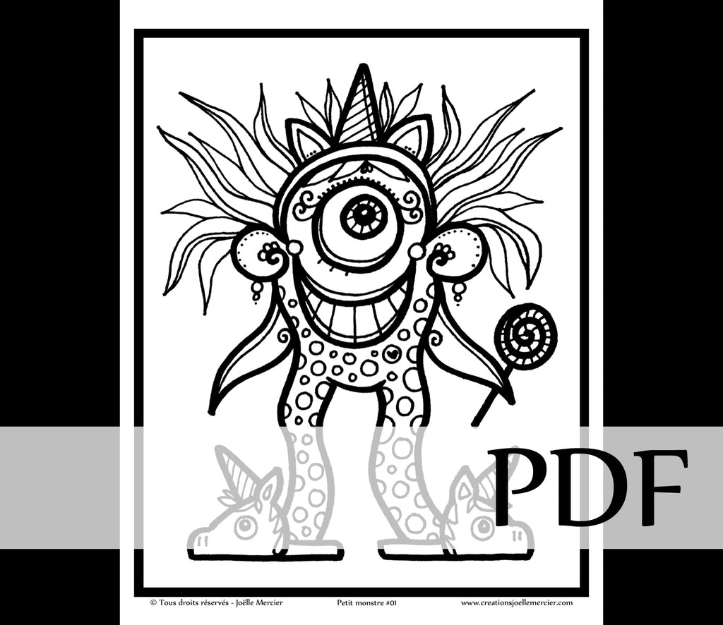 Téléchargement instantané - PDF à imprimer et colorier - Dessin pour enfant - PETIT MONSTRE #01, licorne