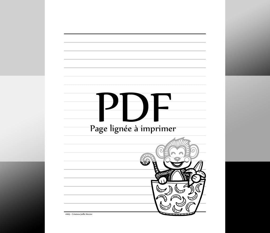 Page lignée #0013 - Téléchargement instantané - PDF à imprimer, PETIT SINGE ET SA BANANE