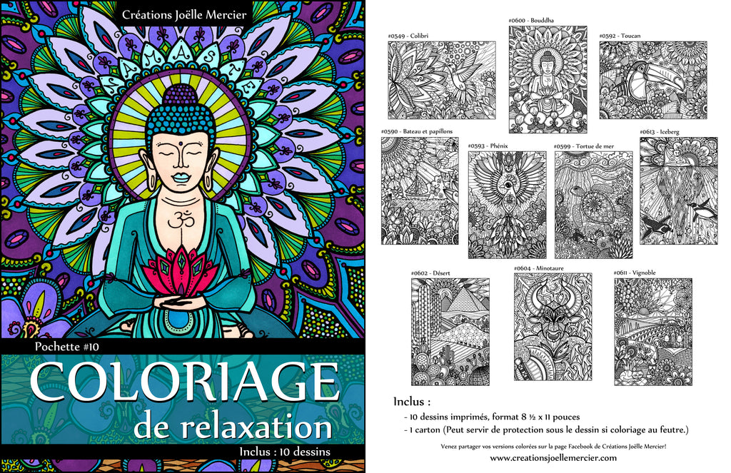 Pochette #10 - 10 dessins - Coloriage de relaxation - Bouddha, colibri, toucan, minotaure, phénix, désert, vignoble, tortue, iceberg