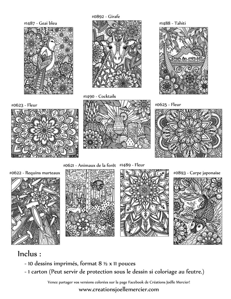 Pochette #11 - 10 dessins - Coloriage de relaxation - girafe, geai bleu, Tahiti, cocktails, raton-laveur, carpe, fleurs, mandala