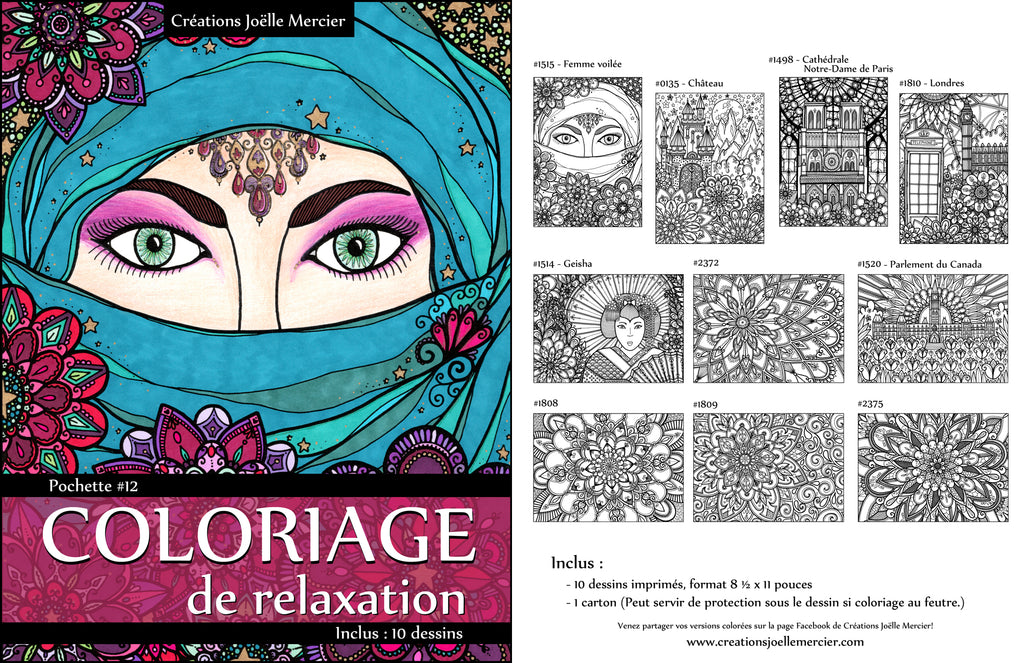 Pochette #12 - 10 dessins - Coloriage de relaxation - fleurs mandala, femme voilée, Geisha, Cathédrale Notre-Dame de Paris, Londres, château