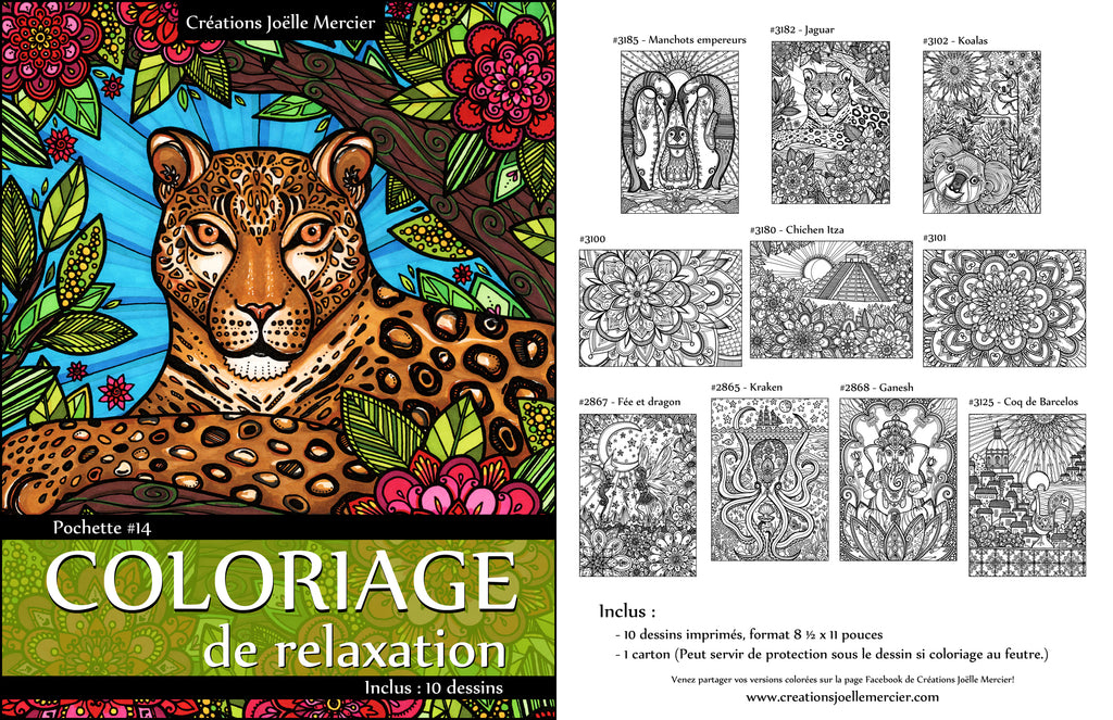 Pochette #14 - 10 dessins - Coloriage de relaxation - jaguar, pingouin, koala, kraken, fée, dragon, Ganesh, coq, mandalas