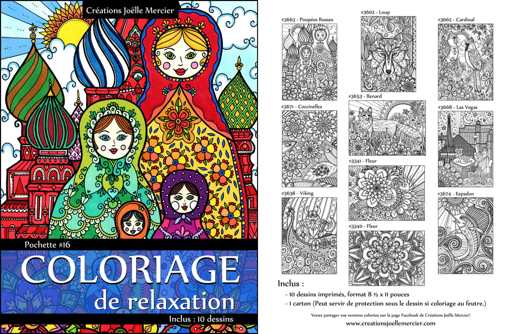 Pochette #16 - 10 dessins - Coloriage de relaxation - Poupées Russes, loup, renard, Las Vegas, espadon, viking, coccinelles, Cardinal, fleur
