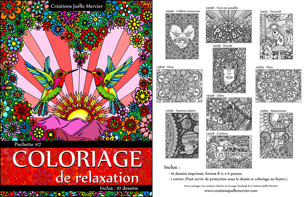Pochette #17 - 10 dessins - Coloriage de relaxation - Colibri, cochon, écureuil, Dryade, maison, zèbre, mandala, système solaire