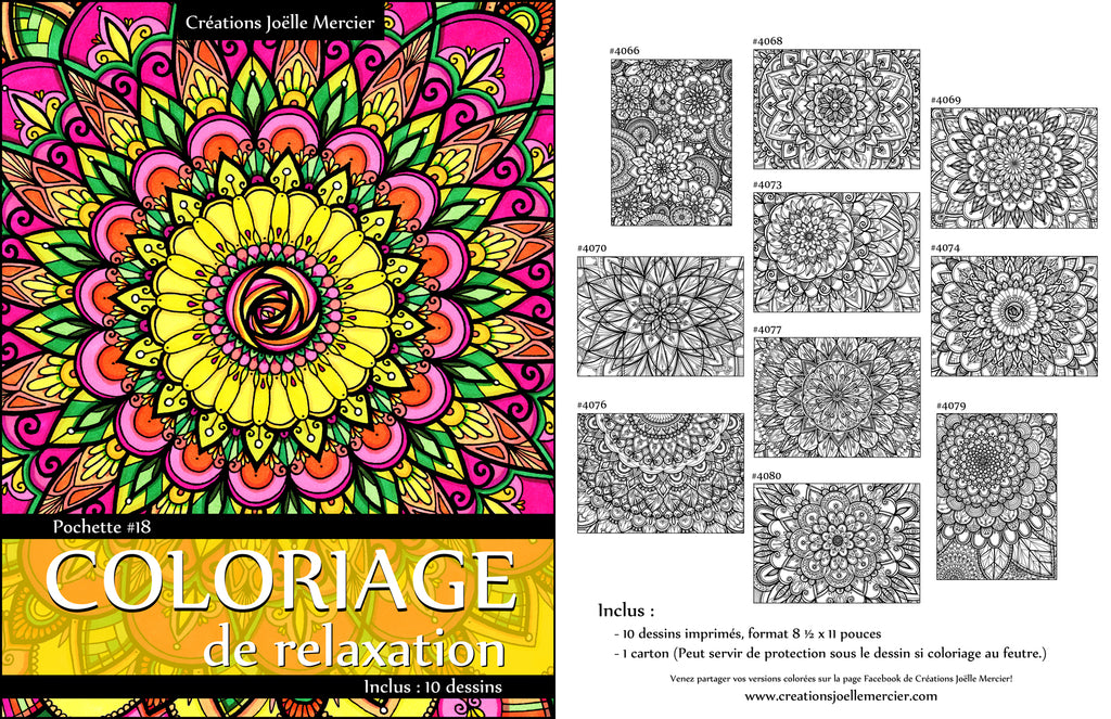 Pochette #18 - 10 dessins - Coloriage de relaxation - Tout en fleurs, mandalas floraux