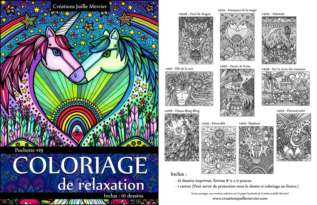 Pochette #19 - 10 dessins - Coloriage de relaxation - dragon, licorne, cheval, sirène, dauphin, elfe, oiseau, éléphant, femme, diamant