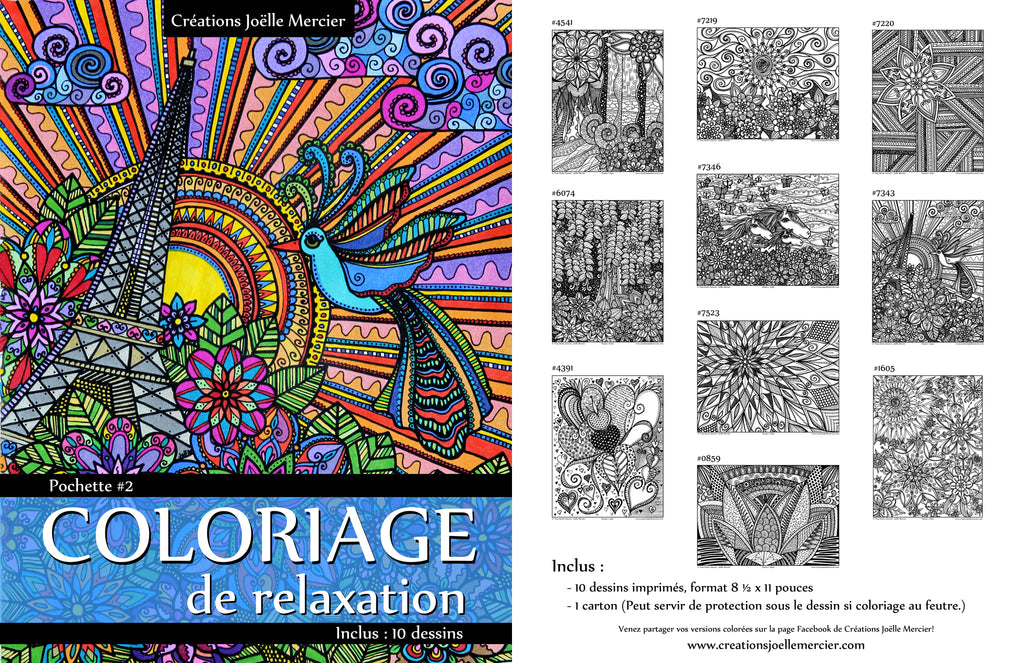 Pochette #2 - 10 dessins - Coloriage de relaxation, fleurs, mandala, chevaux, tour Eiffel, coeur
