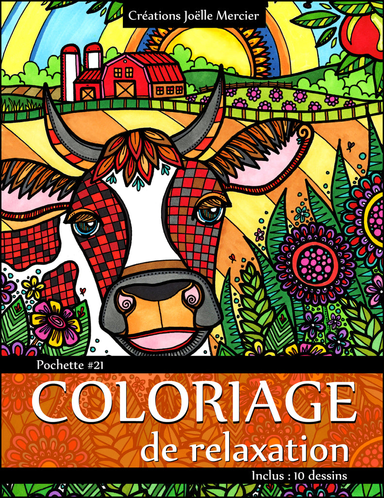 Pochette #21 - 10 dessins - Coloriage de relaxation - abeille, mésanges, vache, saturne...