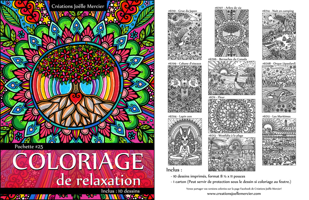 Pochette #25 - 10 dessins - Coloriage de relaxation - Arbre de vie, oiseaux, printemps, été, camping